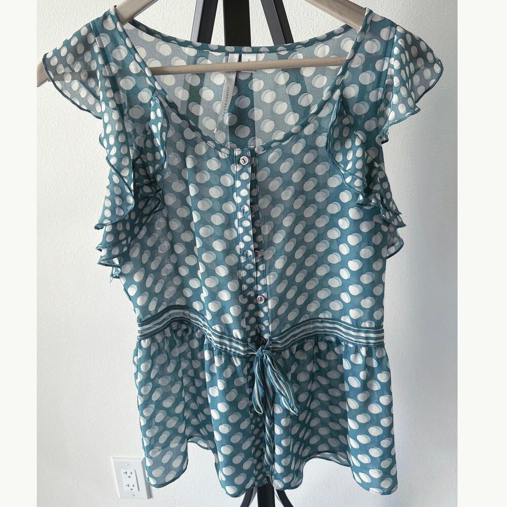 Lauren Conrad Sheer Ruffle Sleeve Teal Polka Dot Blouse Size Small Flare Bottom